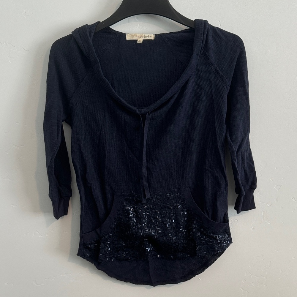 Sequin Pocket Wide Neck Navy Hoodie Long Sleeve Top